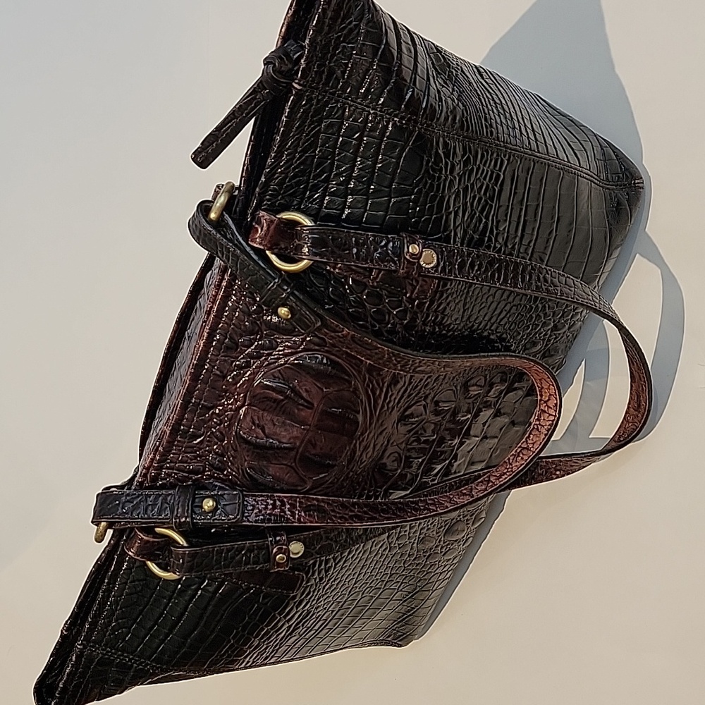 BRAHMIN Crocodile-Embossed Brown Leather Bag.  16"w x 10"h x 3.5 D